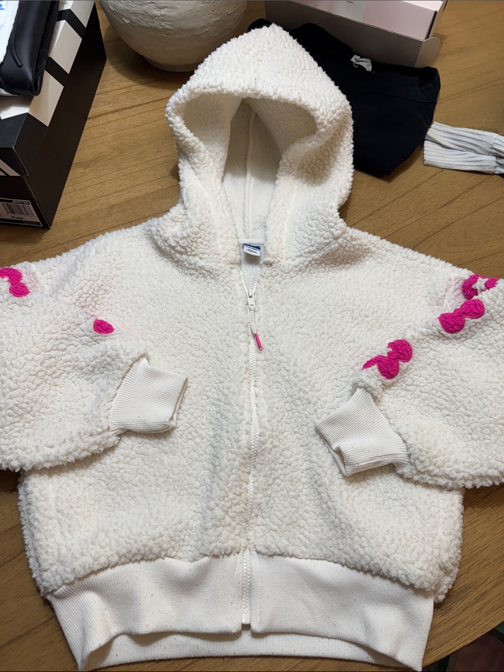 Old Navy Cream Sherpa Zip Hoodie with Hot Pink Accents 6-7